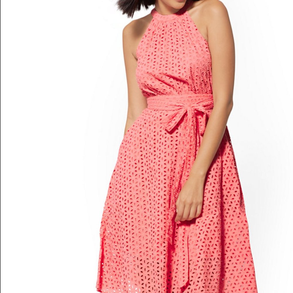Coral Eyelet Halter Flare Dress